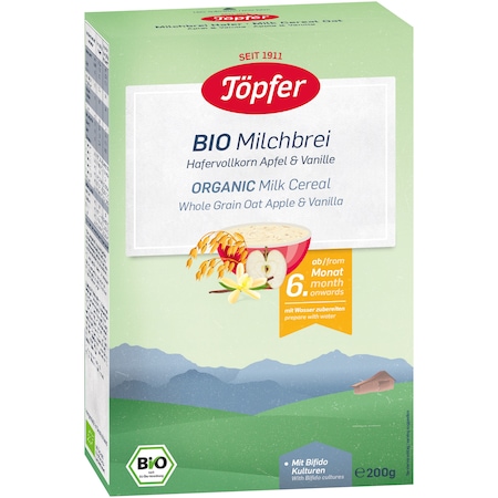 Cereale BIO cu ovaz, lapte, mar si vanilie Topfer, 200 g, de la 6 luni
