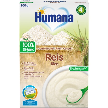 Cereale Humana orez BIO, fara lapte, 200g, de la 4 luni