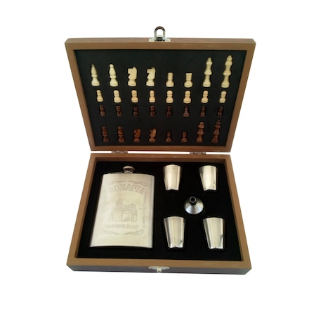 Set cadou pentru barbati, sticla, pahare inox si joc sah