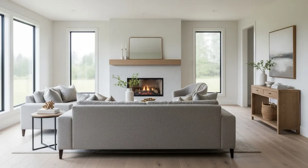 A modern living room with a neutral color scheme, large windows, a comfortable sofa, and a fireplace.
