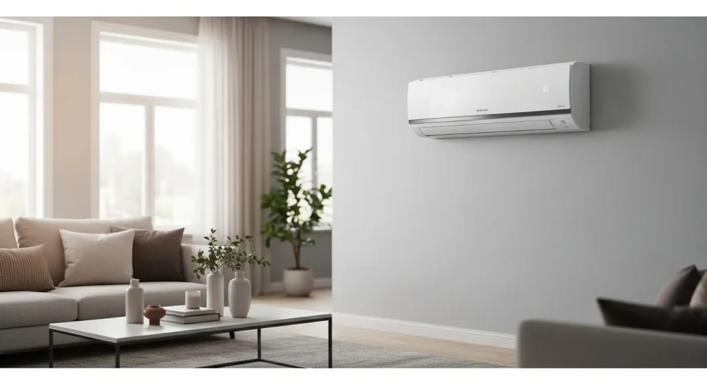 A modern air conditioning unit is installed in a living room, providing a cool and comfortable atmosphere.