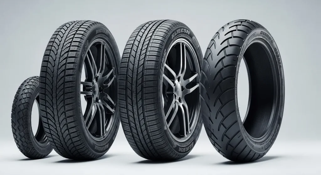Four different types of tires (winter, summer, all-season, and motorcycle) displayed, each with an image suggesting they're available for purchase on an installment plan.