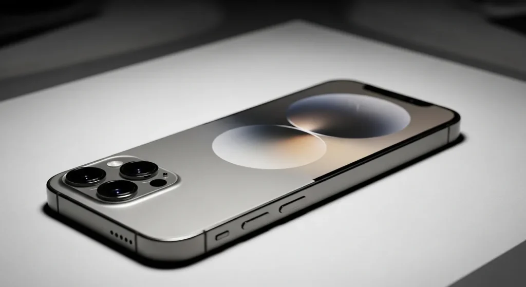 Close-up view of a new iPhone 15 Pro, showcasing its titanium frame and camera system.