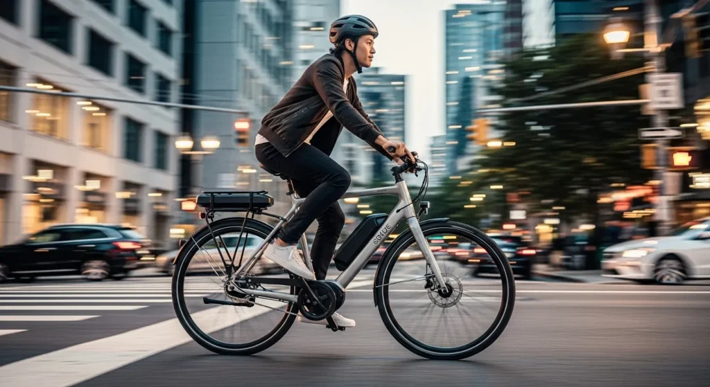 A person riding a modern electric bicycle through a city street.