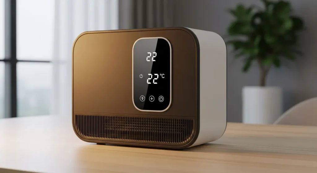 A small, modern electric heater with a digital display and control panel sits on a surface.