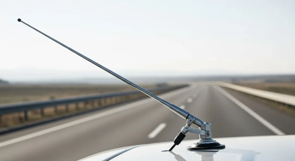 A medium-length CB radio antenna with a magnetic base mounted on a vehicle's roof.