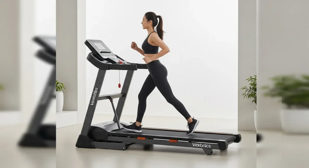A person using a compact, foldable electric treadmill in a home setting.