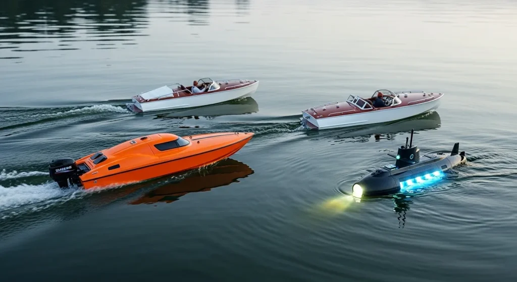 Several remote control boats of varying styles and colors are shown on a body of water.