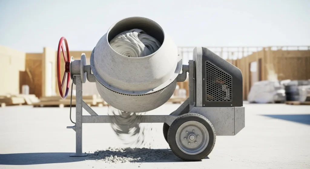 A cement mixer with a metal drum sits outdoors on wheels, ready for use.