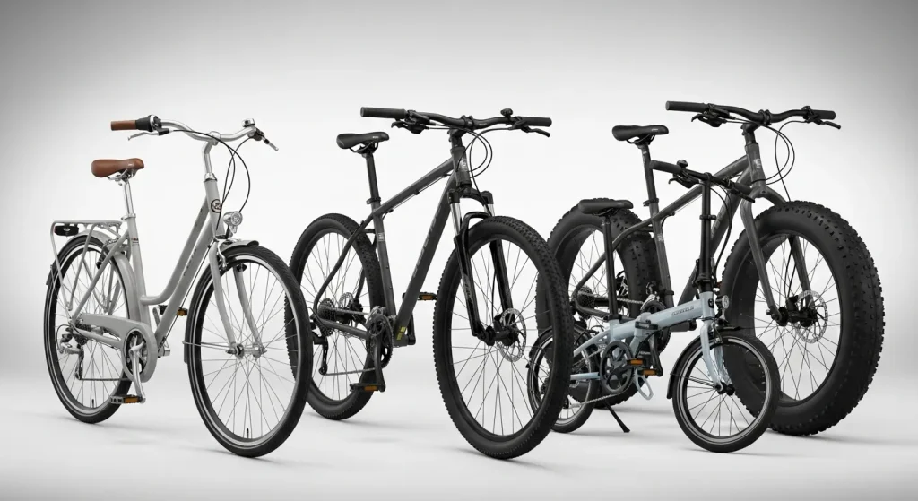 Various bicycle models are showcased, including mountain bikes, city bikes, fat bikes, and folding bikes.