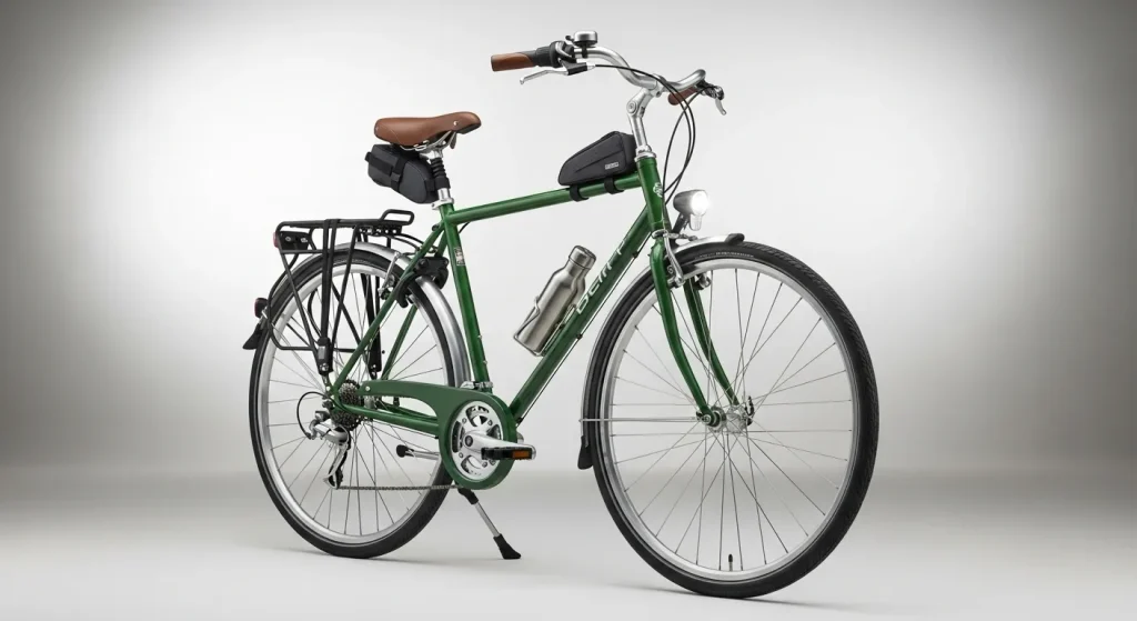 A city bicycle with a rear rack, fenders, and lights, parked against a city backdrop.