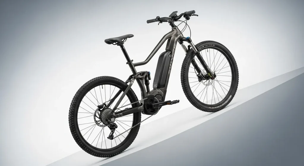 A modern electric mountain bike with a detachable battery, parked on a trail.