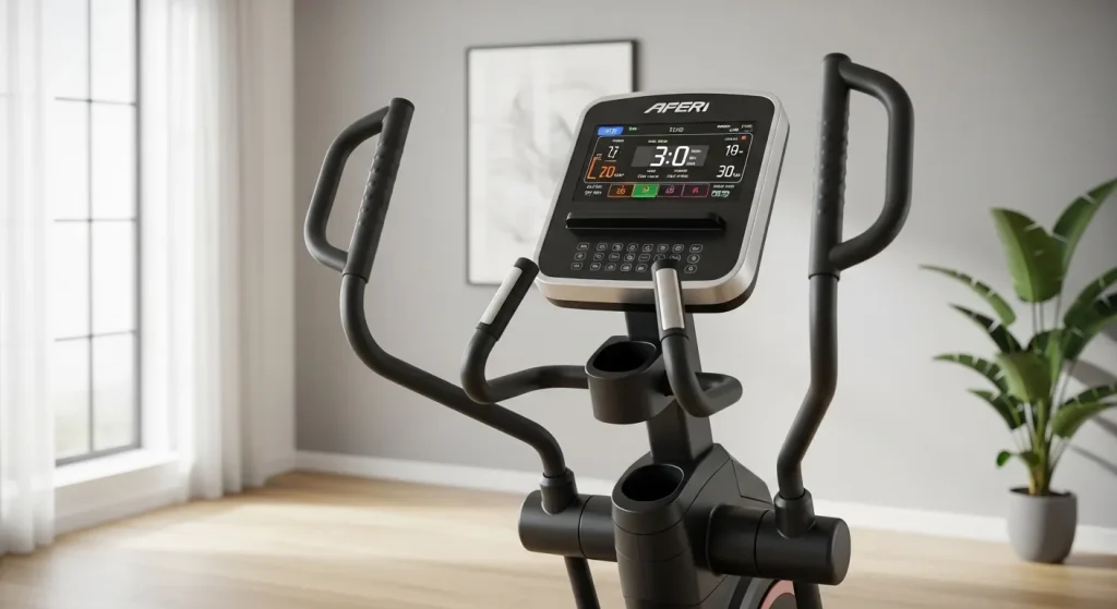 A modern elliptical exercise machine with a digital display in a bright, minimalist room.