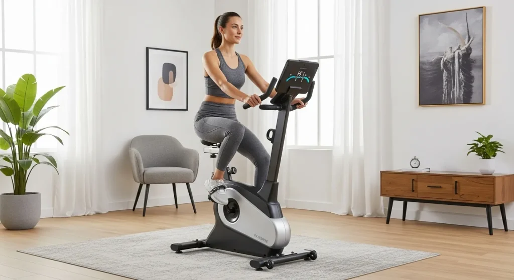 A person sitting on a stationary exercise bike, using the integrated console.