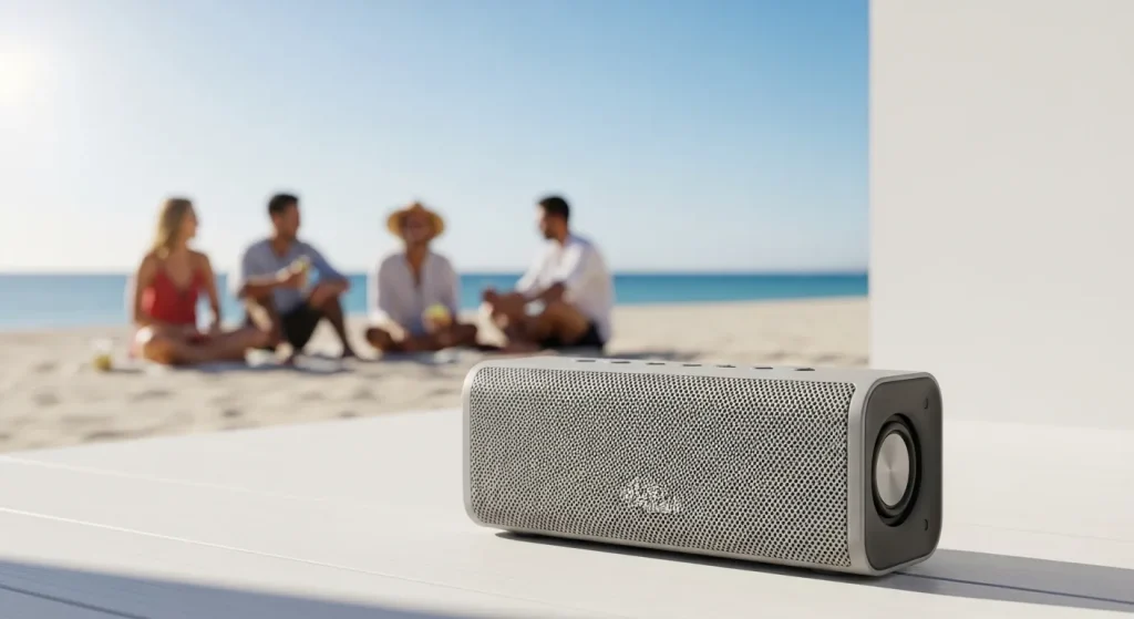 A portable Bluetooth speaker on a beach with people enjoying a sunny day.
