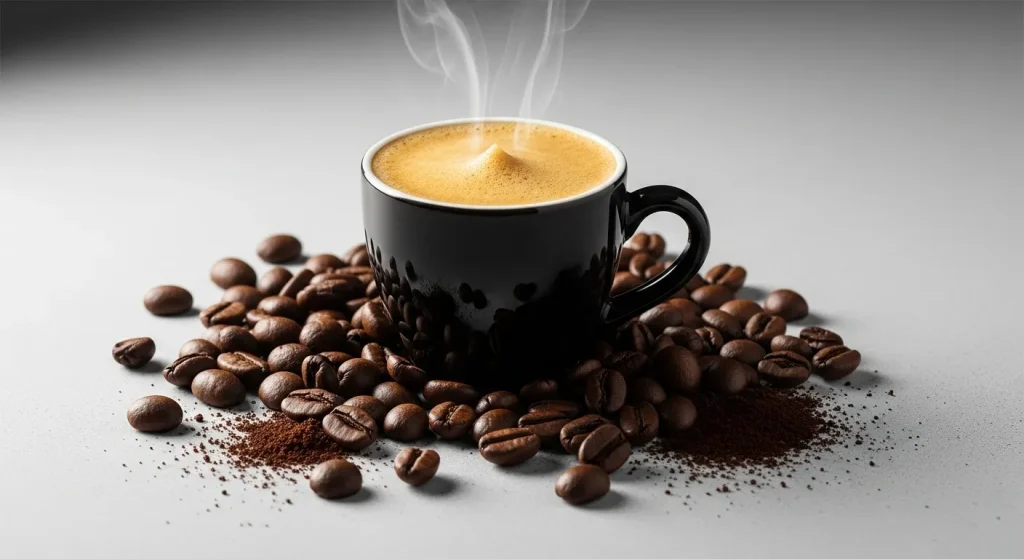 Close-up of dark roasted coffee beans with a rich crema in a cup, next to a coffee grinder.