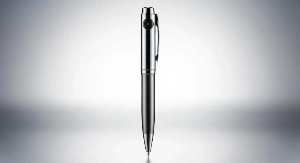 A small, hidden camera concealed inside a pen, recording video and audio.