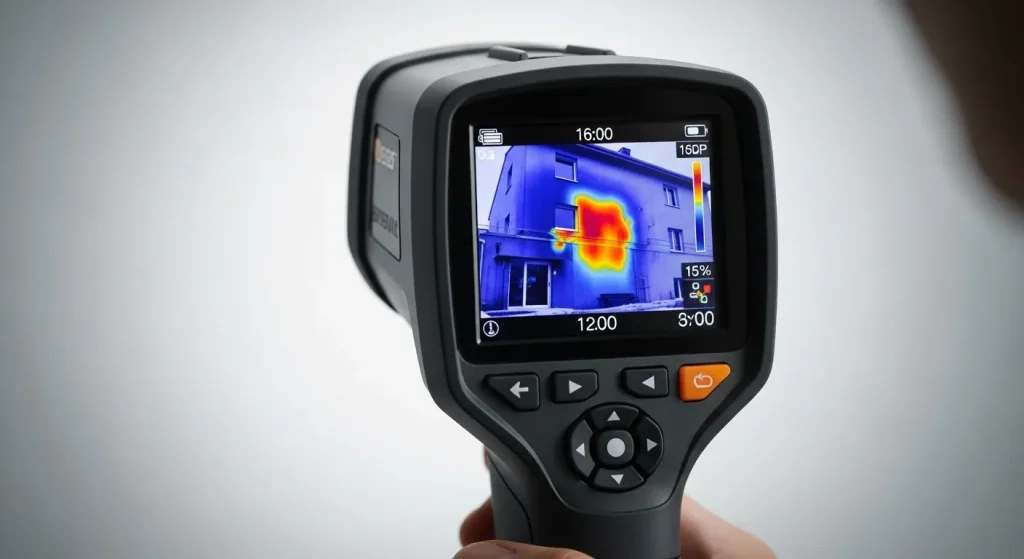 A person holds a handheld thermal imaging camera, displaying a heat map overlayed onto a visible image of a building exterior.