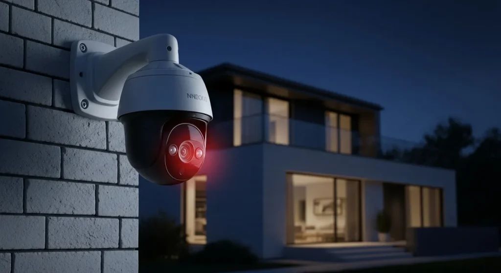 A weatherproof security camera with infrared night vision illuminates a dark exterior scene at night.