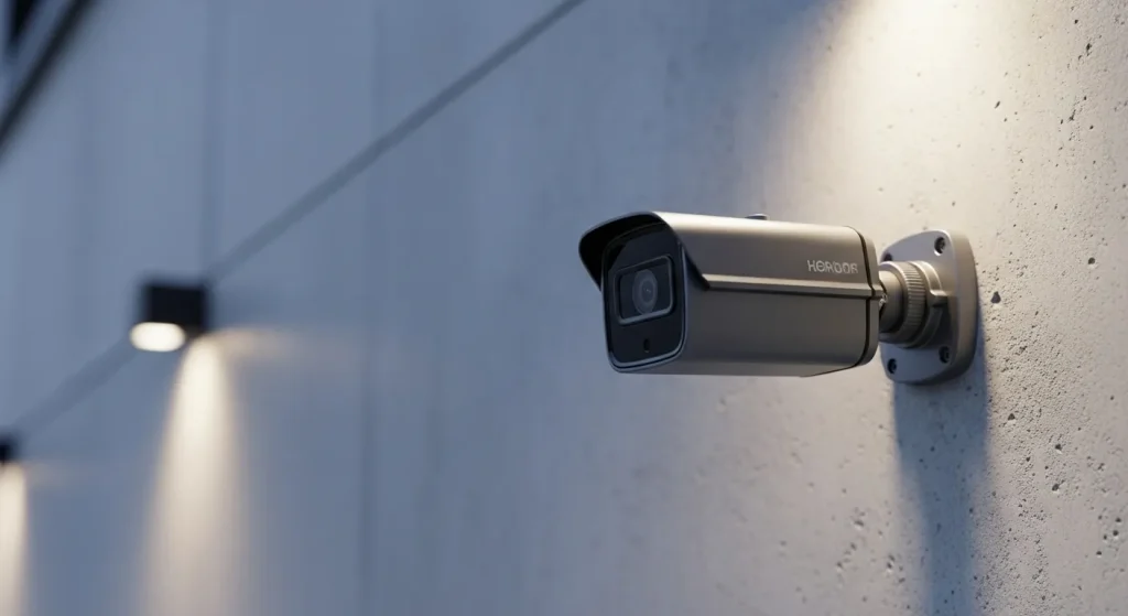 A weatherproof outdoor security camera mounted on a wall, displaying a clear nighttime image.