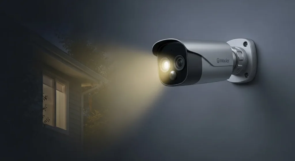A high-resolution security camera with night vision is mounted on an exterior wall at night.