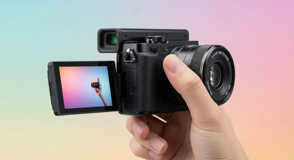 A close-up shot of a compact digital camera with a flip-out screen, showcasing its sleek design and user-friendly features.