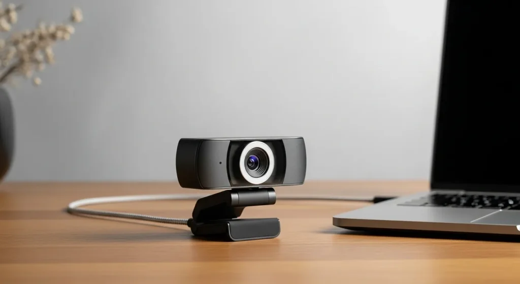 A high-definition webcam rests on a desk, connected to a computer via USB.