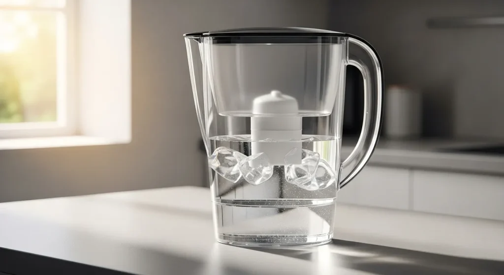 A water filter pitcher filled with filtered water and ice sits on a kitchen counter.
