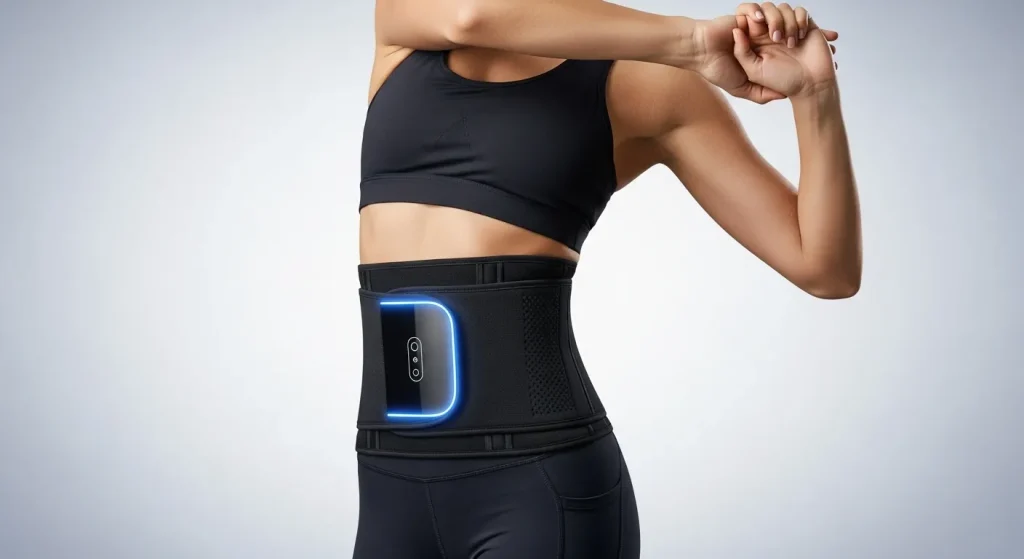 A person wearing a black slimming belt around their waist.