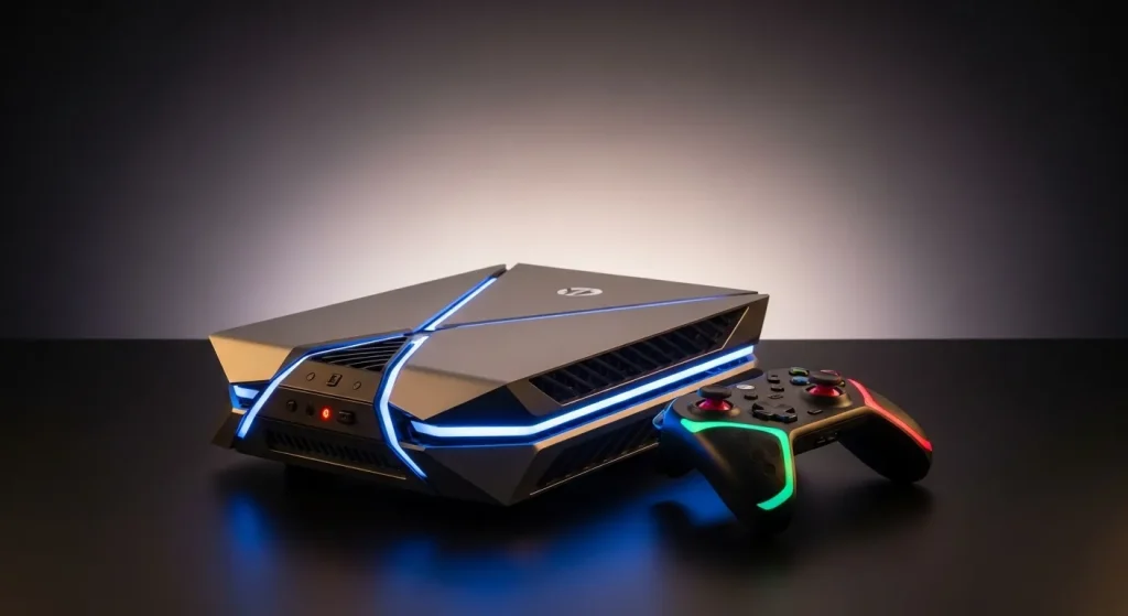 A video game console with a futuristic design sits on a dark surface next to a colorful controller.