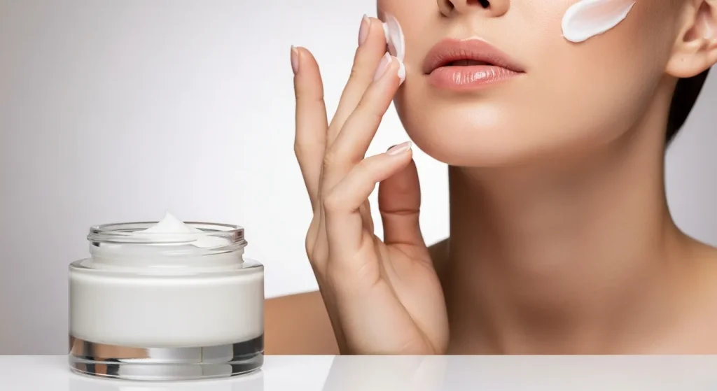 A woman applying a facial cream to her face and neck.