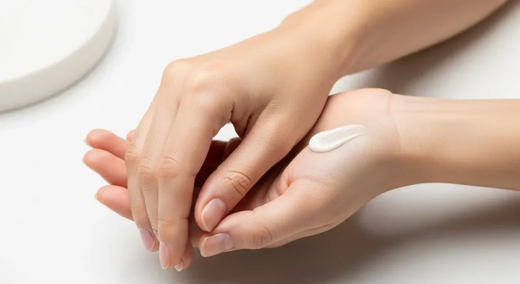 Close-up image of well-hydrated hands with a thin layer of hand cream applied.
