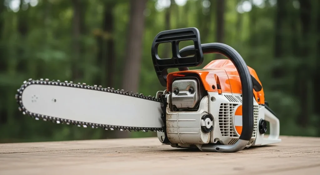 A close-up view of a chainsaw with a sharp chain, clean, and set against a blurred background of green foliage.