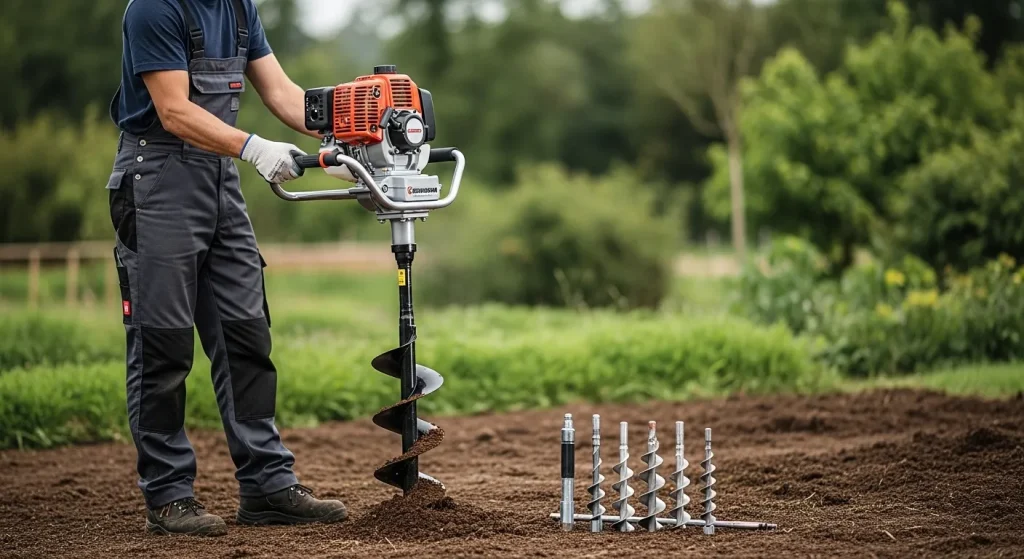 A person using a gas-powered earth auger to dig a hole in the ground.