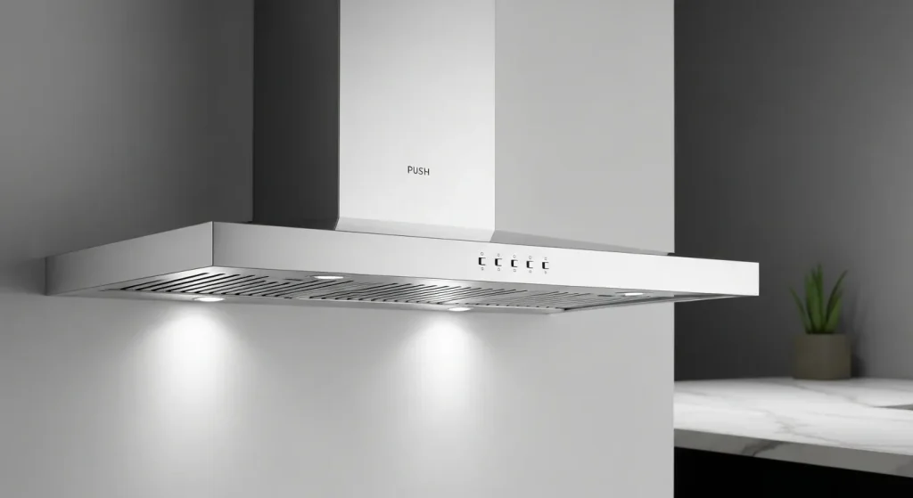 A stainless steel kitchen range hood with three speed settings and washable metal filters is mounted on a wall.