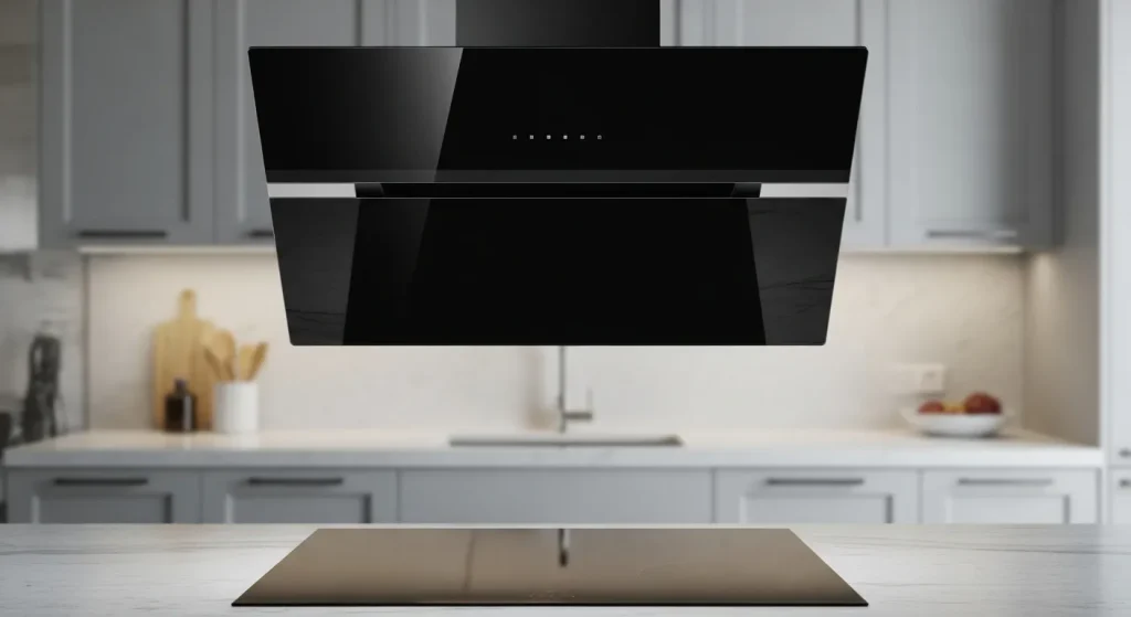 A modern black glass range hood installed above a cooktop in a contemporary kitchen.