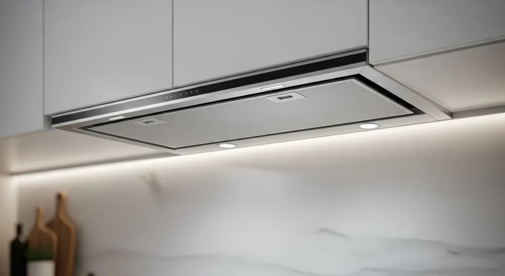 A built-in kitchen range hood with a minimalist design and a smooth, dark surface.