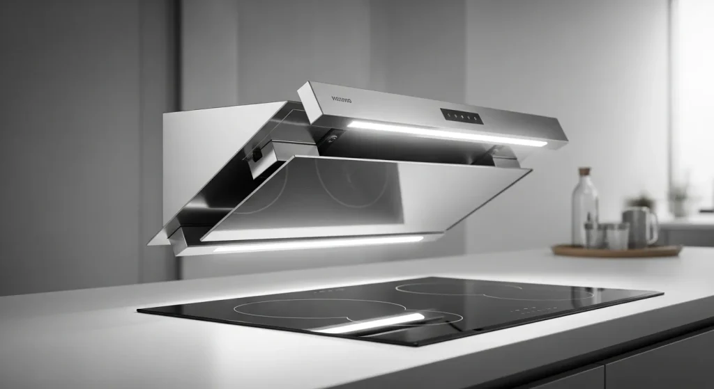 A telescopic range hood, made of stainless steel, is partially extended above a kitchen countertop.