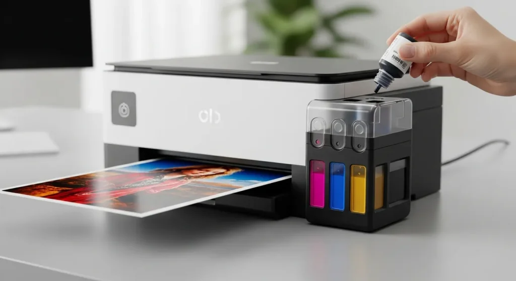 A wireless, multi-functional inkjet printer with refillable ink tanks is shown.