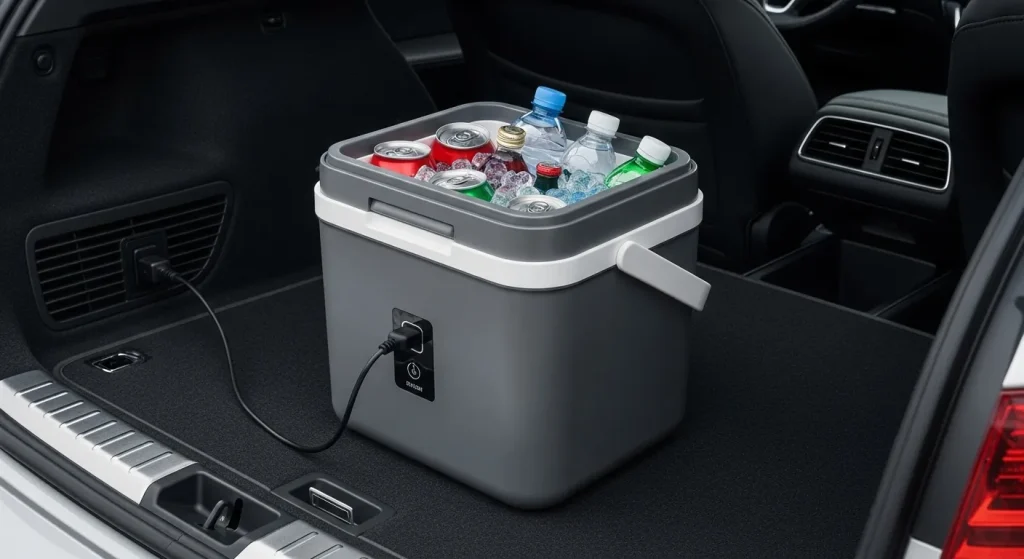 A portable electric cooler sits in the back of a car, connected to a 12V outlet.