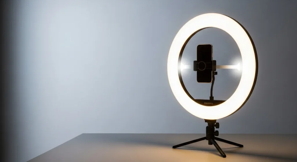 A circular LED ring light attached to a tripod, with a smartphone positioned in front of it.