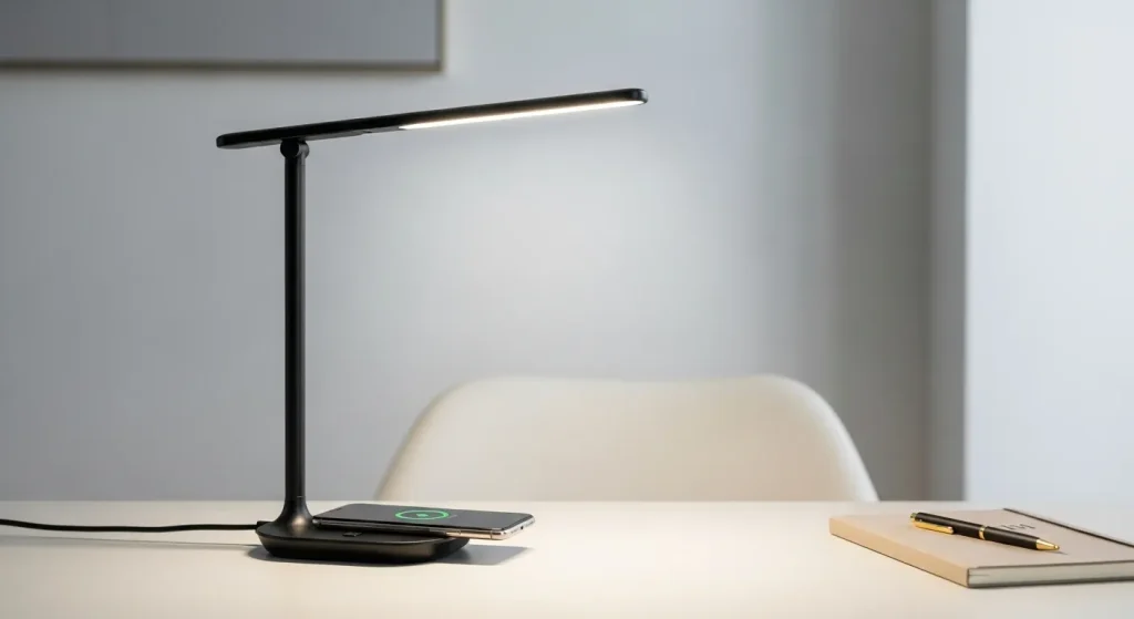 A modern LED desk lamp with a flexible arm is positioned on a clean desk; the lamp has a matte finish and a wireless charging pad on its base.