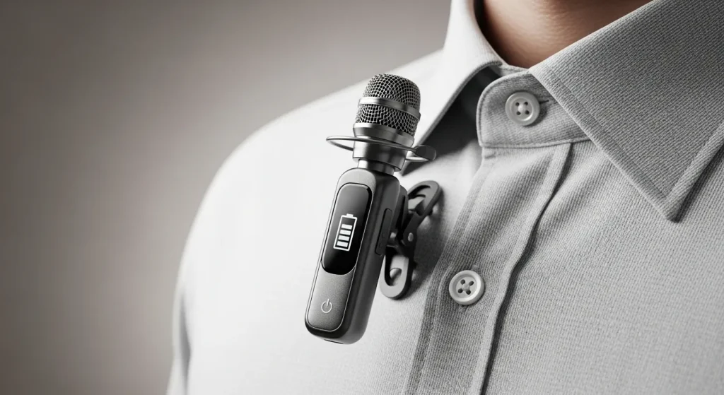A close-up of a wireless lavalier microphone clipped to clothing, with a small digital display showing battery life.