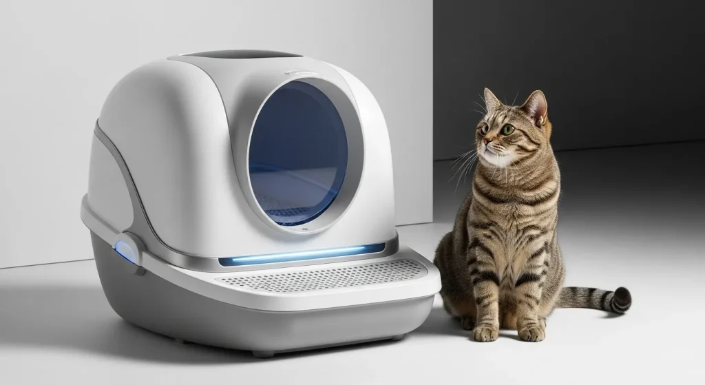 A clean, modern self-cleaning litter box for cats with a subtle UV light glow.