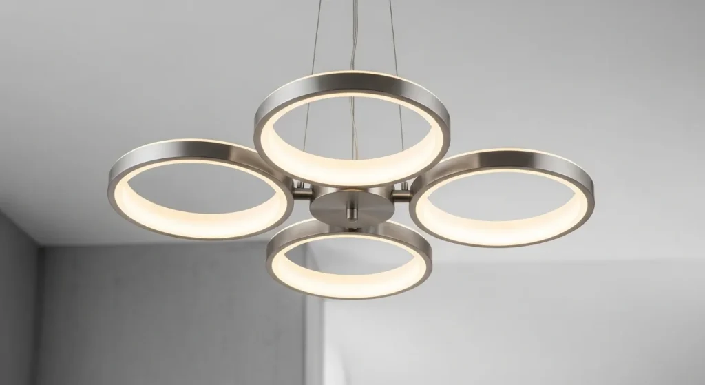 A modern LED chandelier with four circular light fixtures, controlled by a remote, hangs from a ceiling.