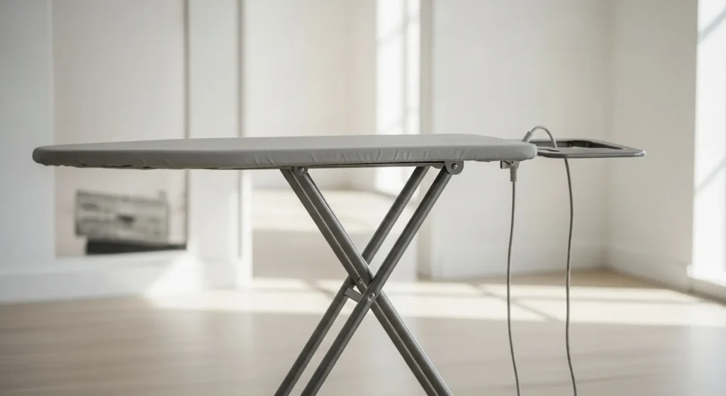 A folded ironing board with a large metal surface and adjustable height, standing in a room.