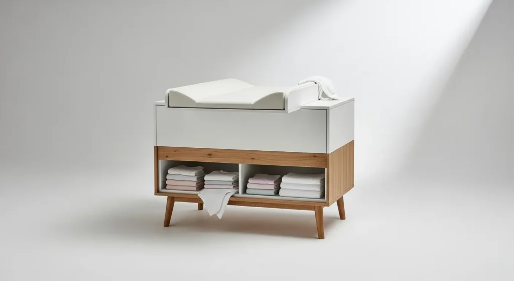A changing table with a smooth, padded surface, possibly including a storage area or integrated bath, and safety rails.