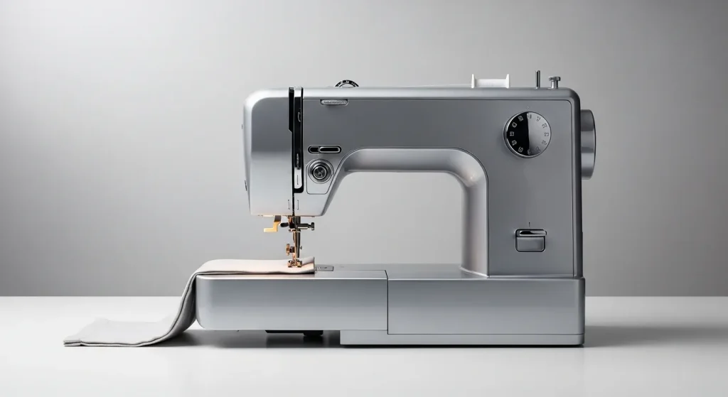 A silver sewing machine with a piece of fabric positioned under the presser foot.