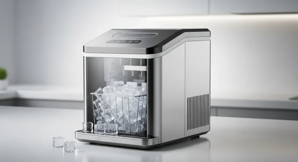 A stainless steel countertop ice maker with a clear ice bin and control panel.