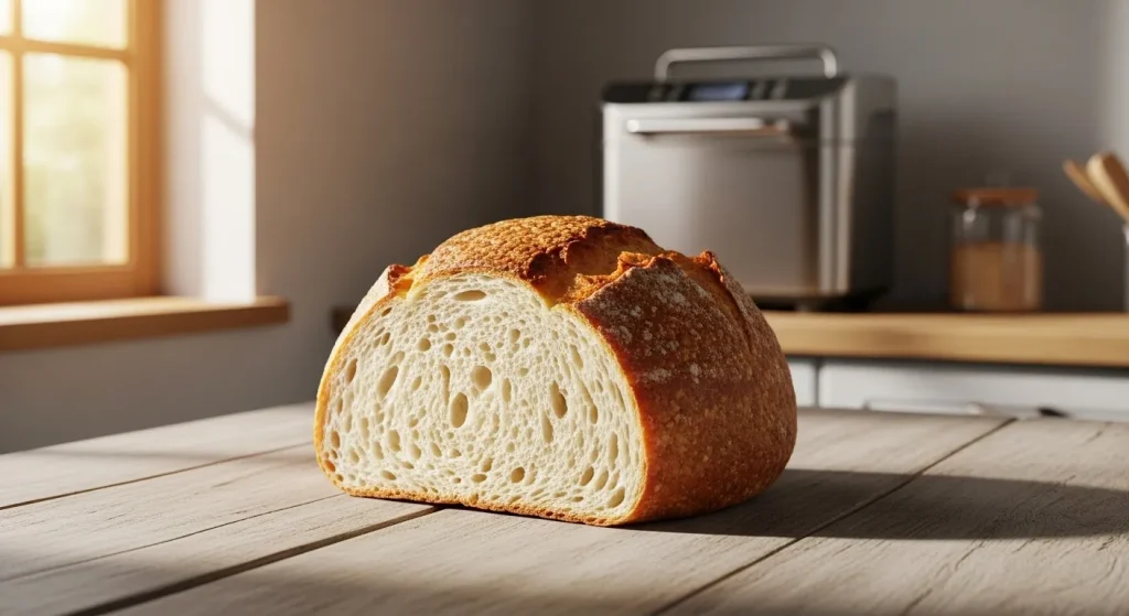 A freshly baked loaf of bread on a wooden table next to a bread-making machine.